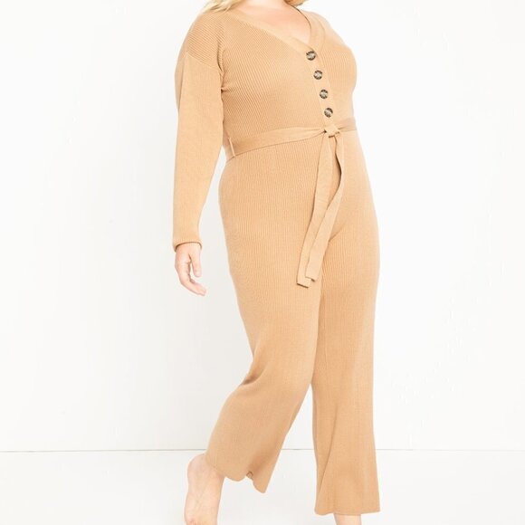 NWT Eloquii tan knit button front sweater knit jumpsuit size 22/24 - Picture 1 of 13